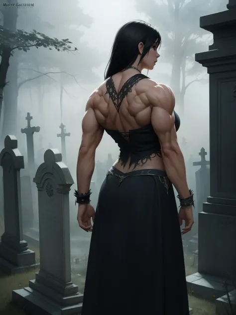 woman, goth, ethereal mist, royo, backlit, graveyard in background, fantasy concept art , ((hyper muscular:0.7)) , ((big breasts...