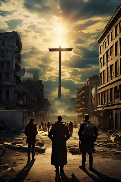 several people in an apocalyptic city looking at the sky asking for help with Jesus arriving from the heavens