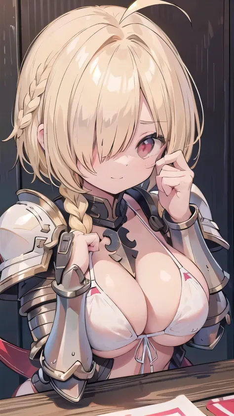 tits、glaring, smile、hands up, elbows on table, face palm、breasts close up, blonde　((((((hair over one eye)))))), Braid Styles, spiked hair, blunt bangs, bob hair, a braid, Ahoge　red eyes, (((white bikini armor)))