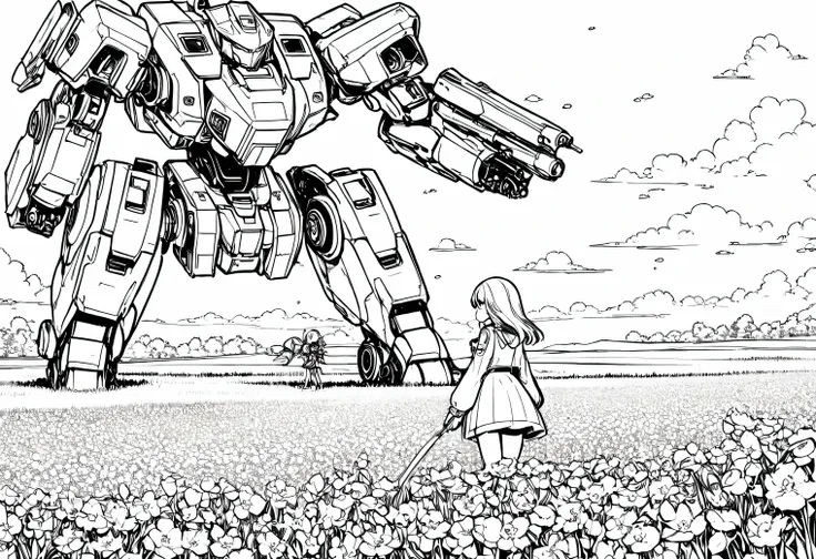 anime line art, anime girl collects flowers in the field, next to her is guarded by a large high-tech combat mech, line art, ani...