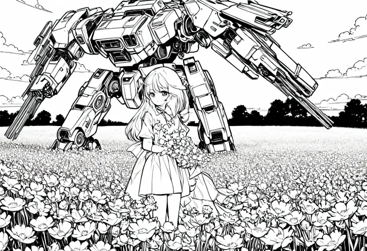 anime line art, anime girl collects flowers in the field, next to her is guarded by a large high-tech combat mech, line art, ani...