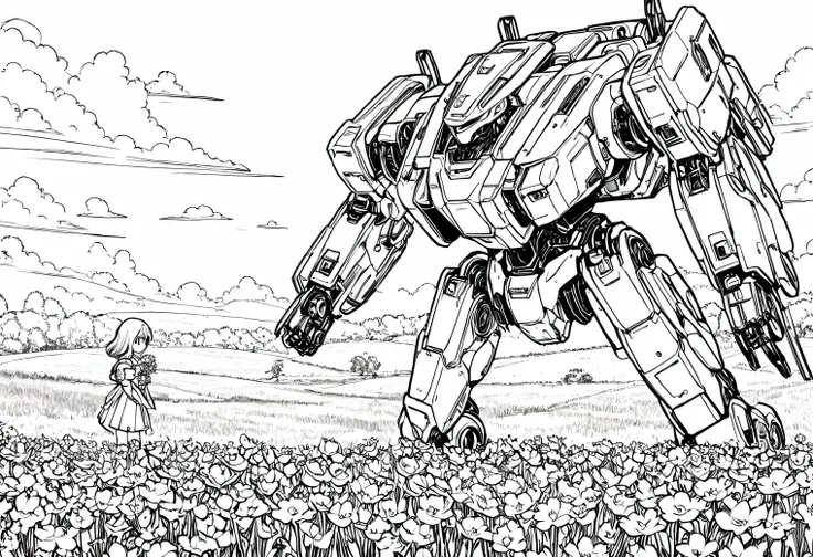 anime line art, anime girl collects flowers in the field, next to her is guarded by a large high-tech combat mech, line art, ani...