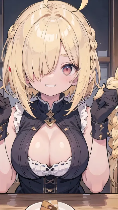 cleavage、tits、smile、hands up, elbows on table, face palm、breasts close up, blonde　((((((hair over one eye)))))), Braid Styles, spiked hair, blunt bangs, bob hair, a braid, Ahoge　red eyes, grin