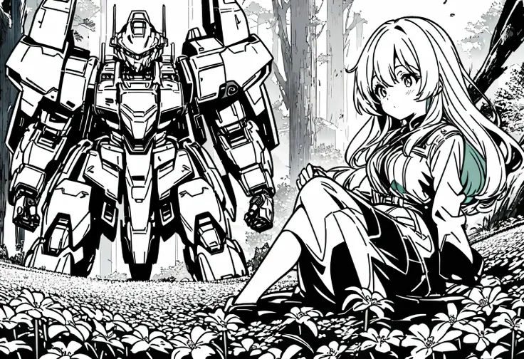 anime line art, anime girl collects beautiful flowers in the field, next to her is guarded by a large high-tech combat mech sitt...