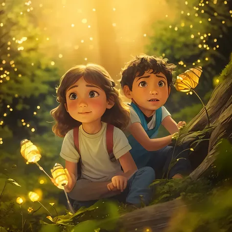 There are two children who are sitting in a tree, Fios da Hora Dourada, Vaga-lumes e mechas brilhantes, vinhas da selva e vaga-lumes, filme animado still, vaga-lumes noturnos aconchegantes, filme animado, filme premiado ainda, entre maravilhosos vaga-lumes...