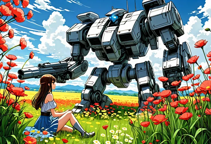 anime line art, anime girl collects beautiful flowers in the field, next to her is guarded by a large high-tech combat mech sitt...