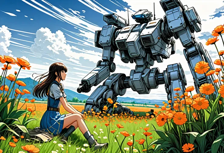 anime line art, anime girl collects beautiful flowers in the field, next to her is guarded by a large high-tech combat mech sitt...