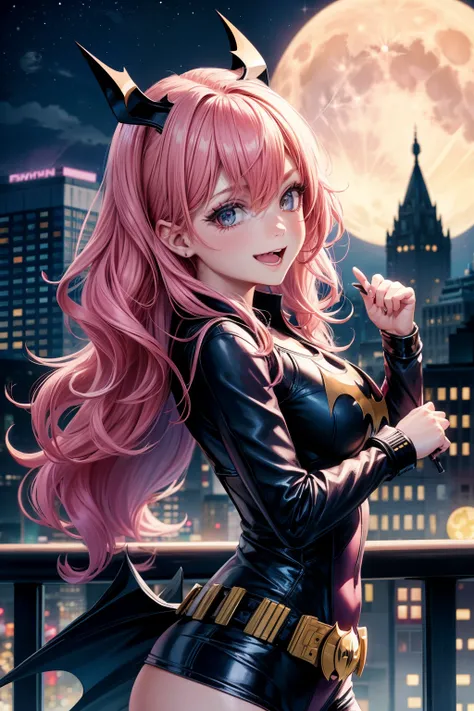 　batgirl,　pinkhair,　Batman Costume　,wavy hair,　Buildings at night,　full moon, evil laugh 