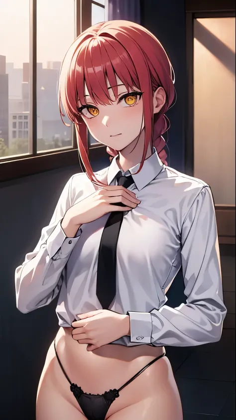 Makima, Makima, Long hair, malicious  Bangs, (Small breasts:1.2), (Yellow eyes:1.2), braid, Red hair, braided ponytails, Ringed Eyes, BREAK  shirt, Long sleeves,  White shirt, neck tie, Collared shirt, thong pantie , garterbelt ,  Suit, black necktie, shir...