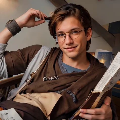 Young 19 year old pirate man reading a book in glasses and stylish clothing, brown hair and light red irises, mirando y sonriendo al espectador