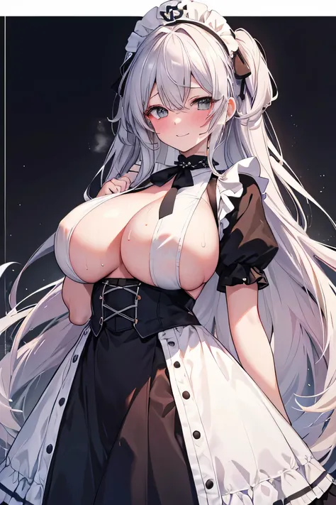 high color saturation、masterpiece、highest quality、High resolution, Maid clothes, Improve, (sunburned skin), Greige hair color, black mesh, Sweat,
huge breasts, open your mouth, narrow your eyes,smile, blush, (underboob), 1 girl, (:1.8, missionary:1.3),