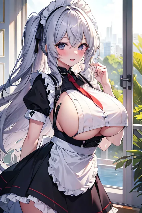 high color saturation、masterpiece、highest quality、High resolution, Maid clothes, Improve, (sunburned skin), Greige hair color, black mesh, 
huge breasts, open your mouth, narrow your eyes,smile, blush, (underboob), 1 girl, (:1.8, missionary:1.3),