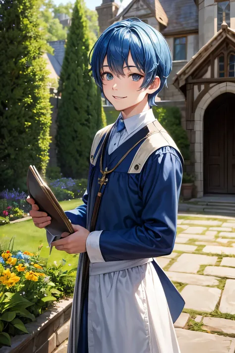 solo front,　boy　,smile　,blue hair　,Deacon service,　garden of a medieval wester,n-style mansion