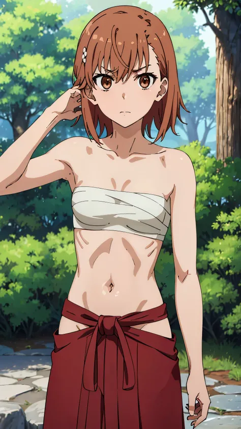 short girl, misaka mikoto, masterpiece, highres, solo, 8k, detailed, perfect face, best quality, (ultra high quality), (looking at viewers), (armpit), collarbone, bare arms, bare shoulders, small breast, cleavage, chestnut hair, short hair, wearing small h...