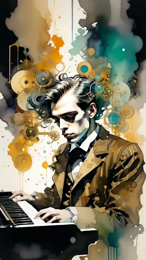 Glenn Gould playing a keyboard, surrounded by steampunk gear, tubes and colored liquids. Art by Agnes Cecile, art by J.C. Leyendecker.