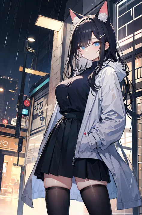  1 girl, Age 18, long hair, dark black hair, light blue eyes, medium sized breast, cat ears, fluffy animal ears, night city, rain, coat, hands in pocket, Big shirt, detailed face, from below, from the side, wide angle shot, Superb details, Highly detailed,...