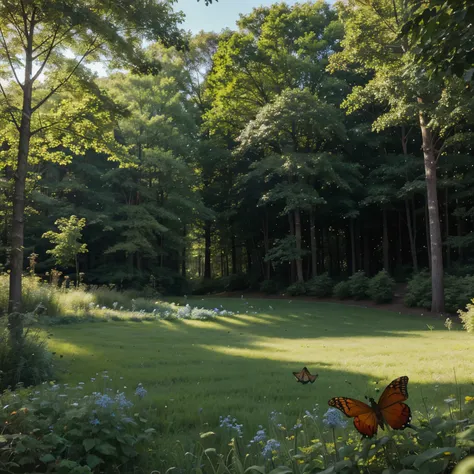 Create a green forest landscape with blue skies on a sunny day with butterflies and ladybugs