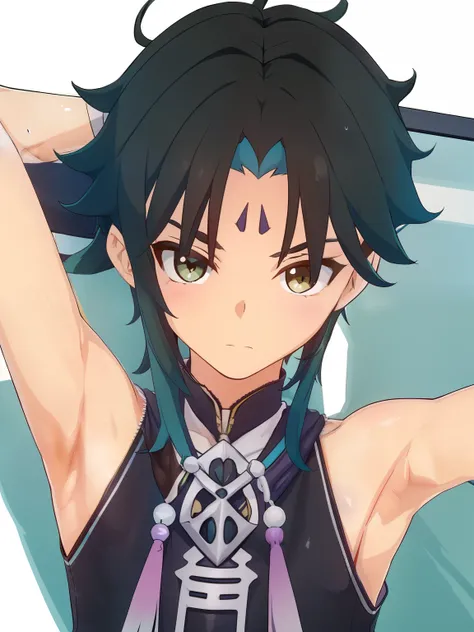 Highres, Masterpiece, Best quality at best,Best Quality,hight quality, hight detailed, 1boy, Xiao from genshin, Shota, Green hoodie with cyan stripes, The hoodie is sleeveless and has an open zipper, (very small and short stature), (very young boy), (very...