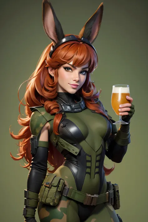 (Melhor qualidade, 8k, ultra-detalhado, realista:1.37),  mulher negra usando um vestido camuflado militar,tiara de orelhas de coelho,cabelo vermelho,false eyelashes,fleshy lips,olhando para o observador, pequeno sorriso,light green pantyhose,Arte de Paulo ...