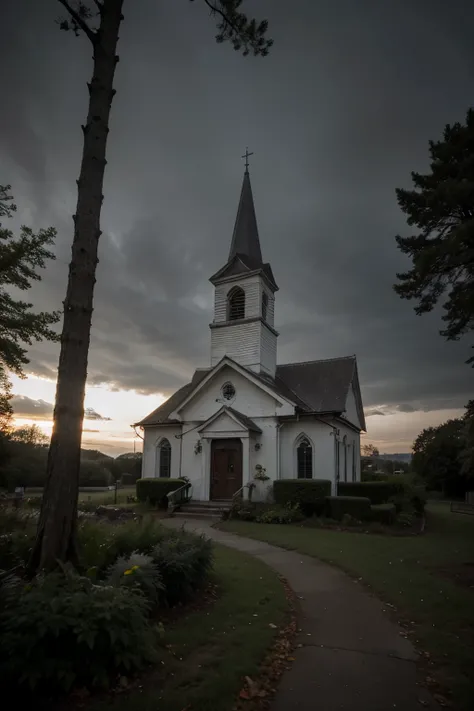 a small church without a cross being swallowed by many trees and leaves and plants with a very gloomy and dark atmosphere