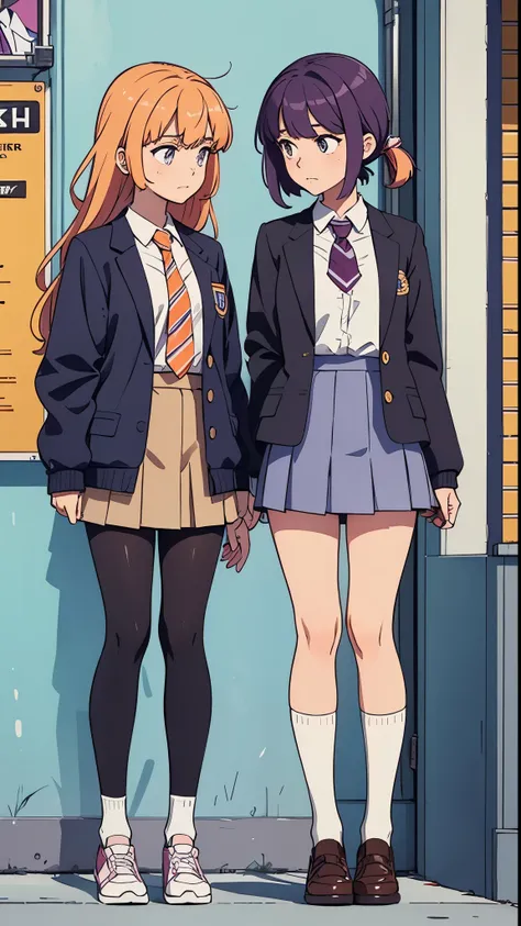 The girls in this school wear box pleated skirts in lavender and they reveal their legs from the knees down. Theyre paired with striped socks and wedge shoes colored in tangerine and lavender respectively.  they also wear short-sleeved shirts, which are us...