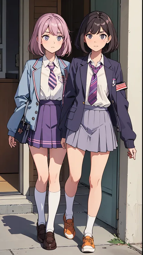 The girls in this school wear box pleated skirts in lavender and they reveal their legs from the knees down. Theyre paired with striped socks and wedge shoes colored in tangerine and lavender respectively.  they also wear short-sleeved shirts, which are us...