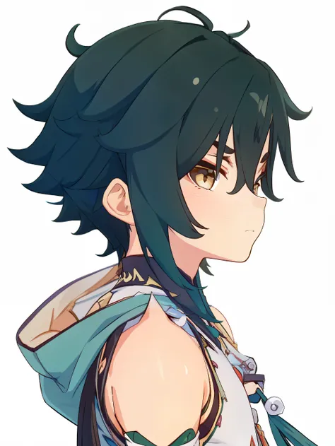 Highres, Masterpiece, Best quality at best,Best Quality,hight quality, hight detailed, 1boy, Xiao from genshin, Shota, Green hoodie, Sleeveless hoodie, Seen from side, Shoulder, Bare shoulder, (very young boy), (very small and short body), 12-year-old boys...