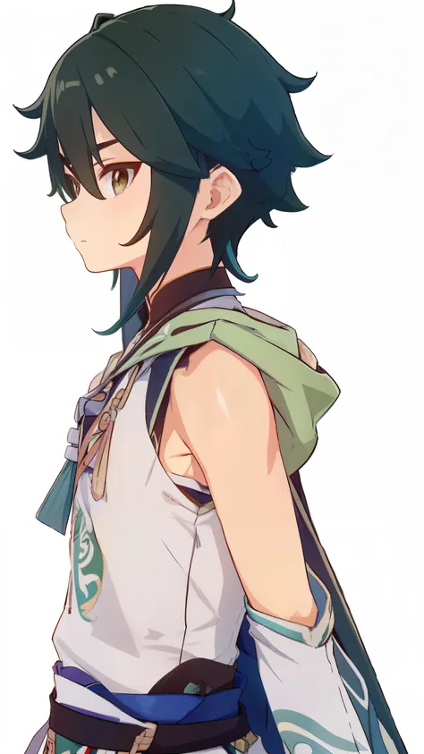 Highres, Masterpiece, Best quality at best,Best Quality,hight quality, hight detailed, 1boy, Xiao from genshin, Shota, Green hoodie, Sleeveless hoodie, Seen from side, Shoulder, Bare shoulder, Belt, (very young boy), (very small and short body), 12-year-ol...