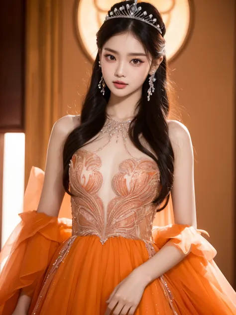 araped woman wearing a dark orange dress, best face, chassis, blackpink jennie, yanjun chengt, popular korean makeup, exciting a...