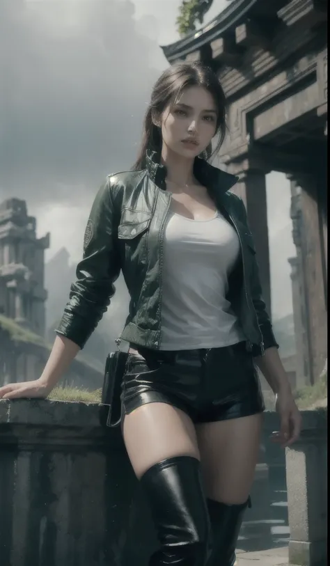 Lara Croft, A woman designed with a high level of detail and a glossy, almost hyper realistic quality, gorgeous model, green blue outfit short jacket, shorts, and thigh high heel boots, her outfit accentuates her body, reflective, shiny. realistic. rainy d...