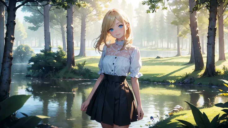 ((masterpiece,best quality,ultra detailed,ultra high res, artificial lake, forest in the distance)), soft realistic focus, Perfect Eyes, dynamic shadows, realistic image, vibrant colors,light leaks,dreamy atmosphere,chiaroscuro,BREAK 
experimental charm, T...