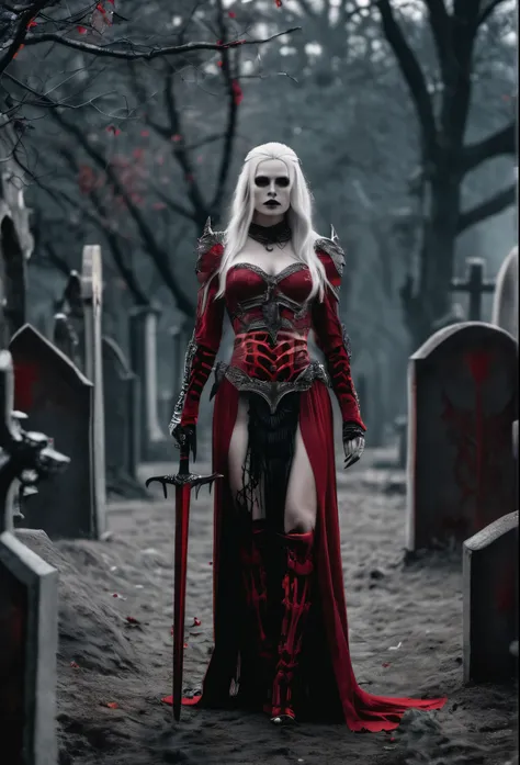 cinematic photo [ :(b&V, monochrome, Film Photography:1.3):0.5], full body female, (Queen of the Undead:1.1), Pale skin, a spear, bare chest, erect nipples(blood on Veapon:1.2), (crimson-red and gray intricate skeletal armor:1.3), exposed rib cage , long V...