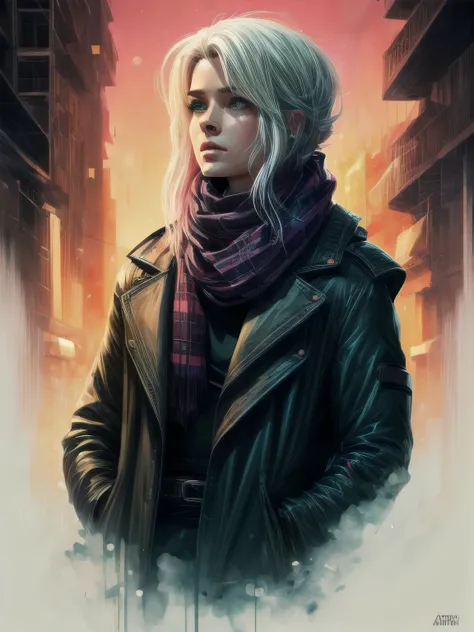 a woman in a leather jacket and scarf standing in a city