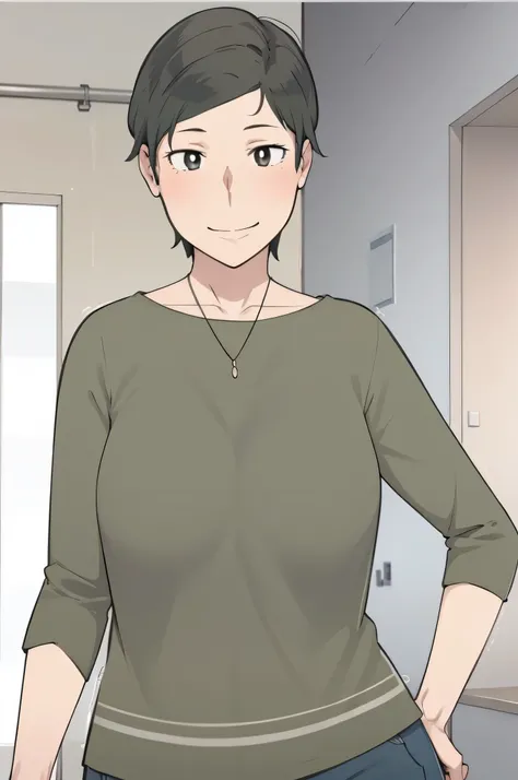 anime image of a woman in a green shirt and jeans, with short hair, brown hair, smile, casual pose, single character full body, wearing casual clothes, necklace, cell shaded adult animation, as an anime character, hinata hyuga, full body single character, ...