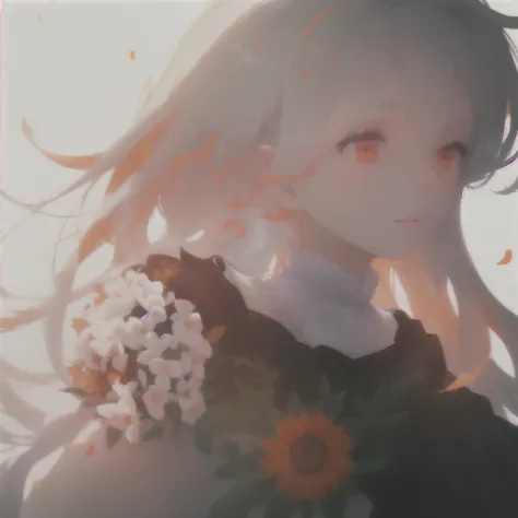 (white background:1.4),(silhouette of a girl's head, close eyes, multi-colored long hair, ), bright orange eyes, flowers on hair...