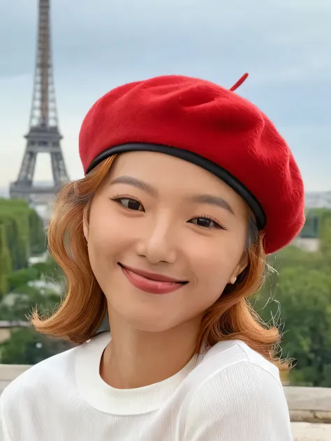 Realistic photograph of sjang posing smiling, white long-sleeved tshirt, red beret, light brown hair, clear facial features, Parisian background, cinematic mode, 8K