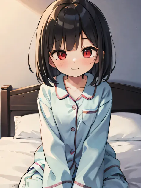 masterpiece, highest quality, girl, alone,pajamas,on the bed,red eyes,smile, blush,black hair bob,sexy face,Cheeky smirk,mischief,upward glance