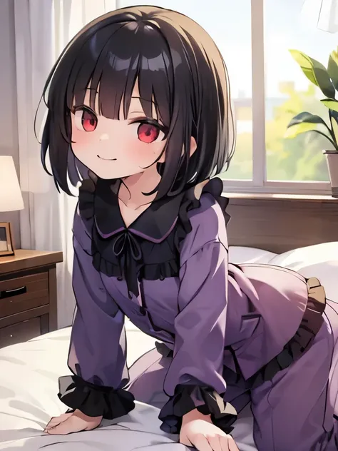 masterpiece, highest quality, girl, alone,pajamas,on the bed,red eyes,smile, blush,black hair bob,sexy face,Cheeky smirk,mischief,upward glance