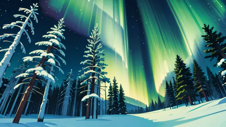 winter forest, Northern lights