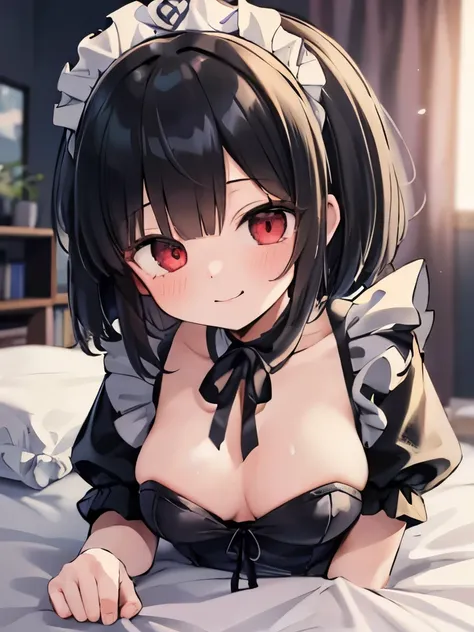 masterpiece, highest quality, girl, alone,Maid clothes,on the bed,red eyes,smile, blush,black hair bob,sexy face,Cheeky smirk,mischief,upward glance