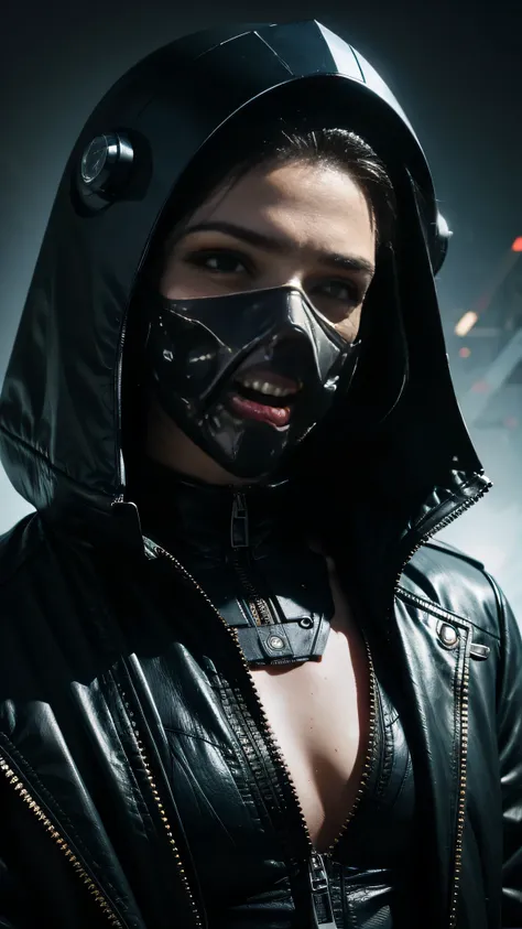 1girl, solo, looking at viewer, open mouth, red eyes, jacket, teeth, black jacket, eyelashes, makeup, mask, helmet, sharp teeth,...