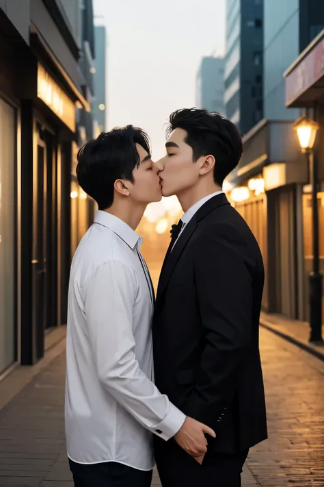 2male、​masterpiece、top-quality、超A high resolution、evening、A city scape、depth of fields、short black messy hair、Two men kissing 