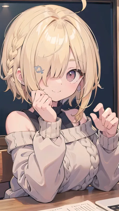 tits、smile、hands up, elbows on table, face palm、breasts close up, blonde　((((((hair over one eye)))))), Braid Styles, spiked hair, blunt bangs, bob hair, a braid, Ahoge　red eyes, off shoulder, knit sweater