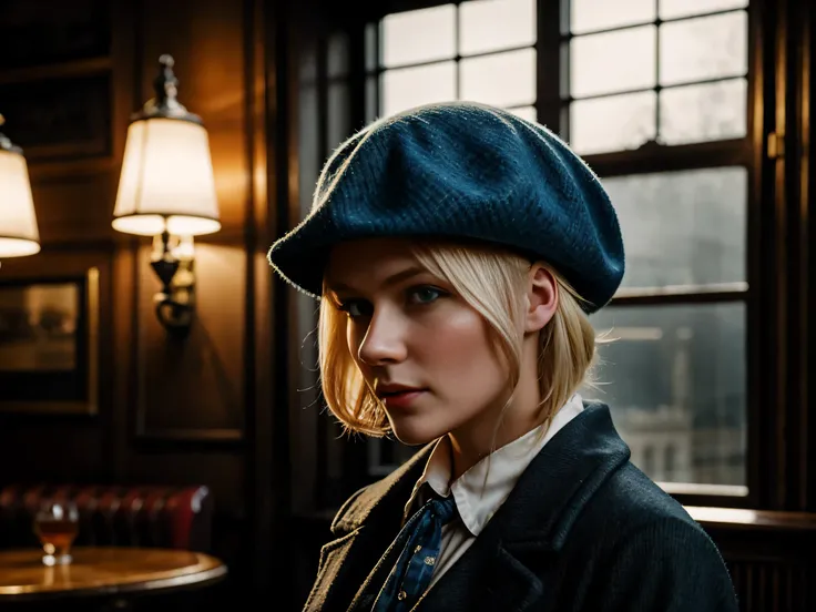 blond woman with blue eyes, wears a deerstalker cap, dressed like Sherlock Holmes, hyperrealistic , 28 years old, masterpiece, wear a oldstyle victorian dress, oldstyle, indoor, Moody light, old London City pub, foggy Atmosphere, 