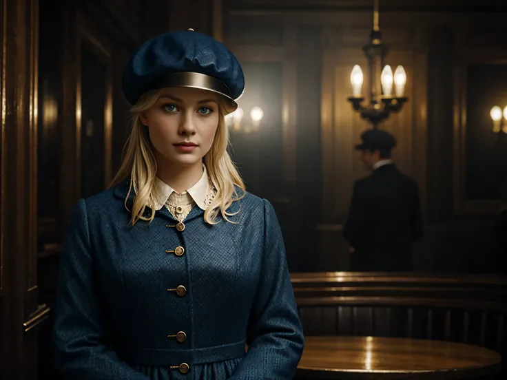 blond woman with blue eyes, wears a deerstalker cap, dressed like Sherlock Holmes, hyperrealistic , 28 years old, masterpiece, wear a oldstyle victorian dress, hold a spyglas, oldstyle, indoor, Moody light, old London City pub, foggy Atmosphere, 