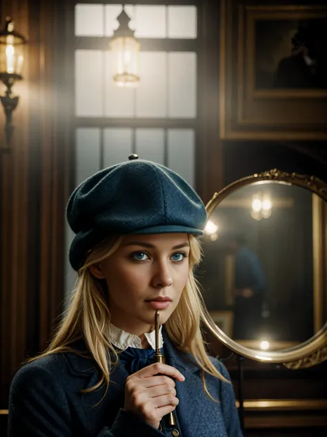 blond woman with blue eyes, wears a deerstalker cap, dressed like Sherlock Holmes, hyperrealistic , 28 years old, masterpiece, wear a oldstyle victorian dress, hold a Magnifying glass, oldstyle, indoor, Moody light, old London City pub, foggy Atmosphere, 