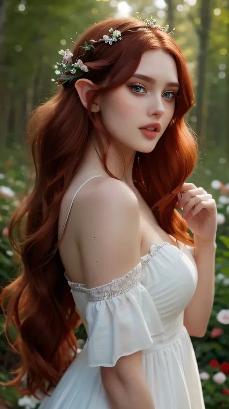 best quality, high quality, detailed, intricate, natural colors, woman, reddish hair, elf, pointy ears, green eyes, long hair, wavy hair, eyeshadow, oval face, snub nose, heart-shaped lips, arched eyebrows, flowers, rose, forest,
dress