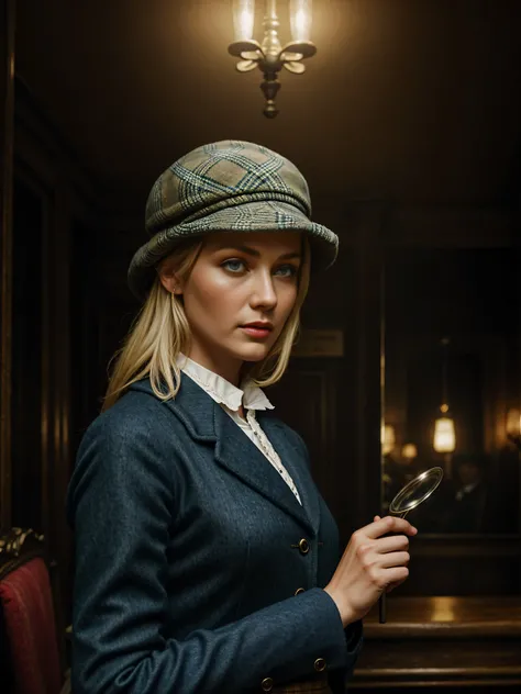 blond woman with blue eyes, wears a deerstalker cap, dressed like Sherlock Holmes, hyperrealistic , 28 years old, masterpiece, wear a oldstyle victorian dress, hold a Magnifying glass, oldstyle, indoor, Moody light, old London City pub, foggy Atmosphere, 