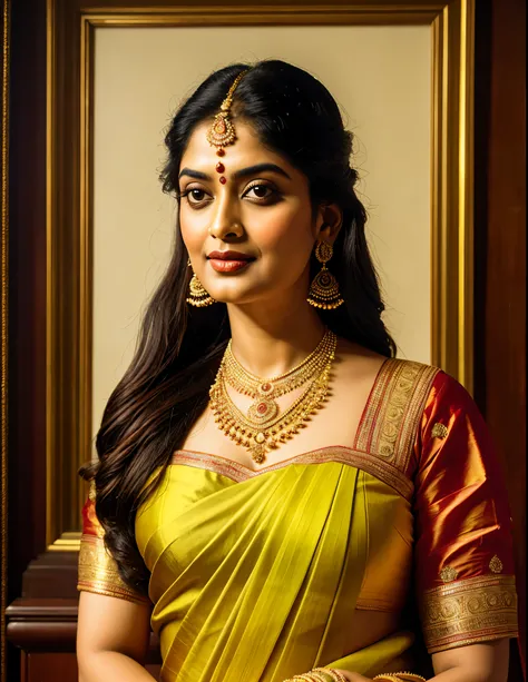 Beautiful painting of a woman in a sari with a necklace and earrings, beautiful thick figure, Thick curvy beauty, looks like Sandeepa Dhar, inspired by Raja Ravi Varma, szukalski ravi varma, portrait of a beautiful goddess, by Raja Ravi Varma, indian godde...