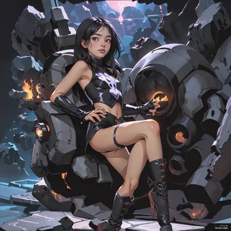 ((Create Odin girl 16+), (facing the viewer, standing close-up, full height), (smoke, fire), (thin graceful body, facing the viewer), (dynamic pose), (standing with legs wide apart) , (sexy), (delicate scarlet lips), (straight, black long hair), (small tho...